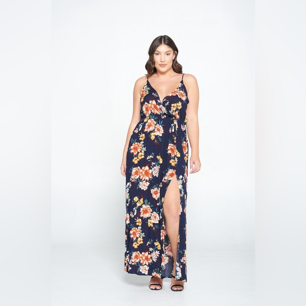 Plus Size Floral Print Maxi Dress With Front Slit